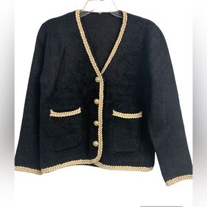 Black Single Breasted V Neck Cardigan Blazer Jacket Size S Braided Accents